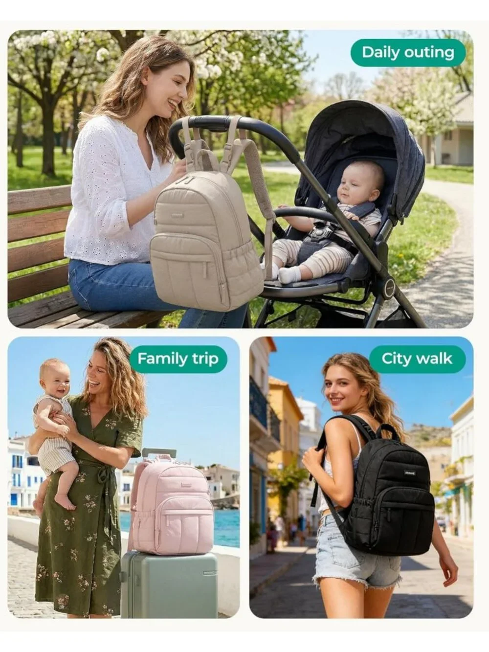 Stylish Multi-Pocket Diaper Bag Backpack with Waterproof Changing Pad